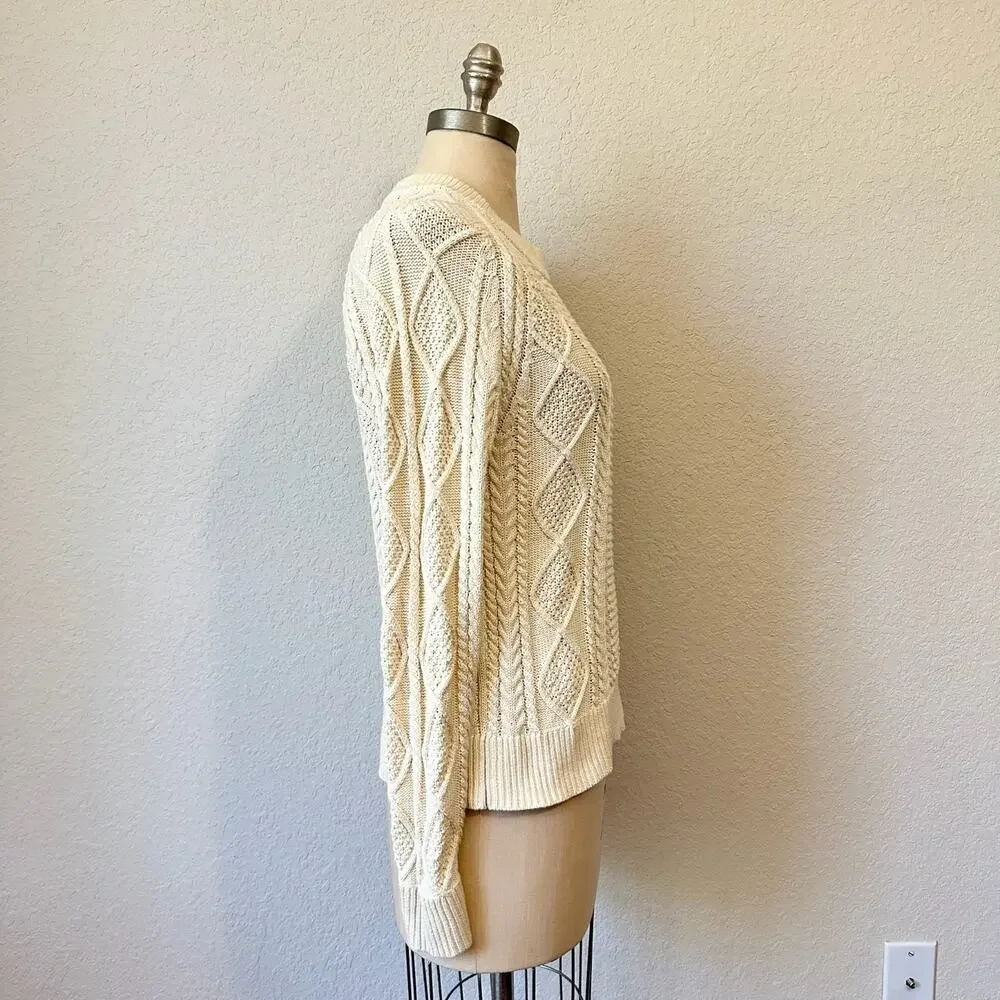 J.CREW Sweater Cream Crew Neck Pullover Cotton Cable Knit Fisherman